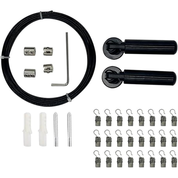 Cord Hanging System Wall Mounted Cord Set Stainless Steel 16.4 Ft (5 M) Tension Wire Window Clothesline Designed For Balconies And Bathrooms Complimentary 24 Hooks (Black)