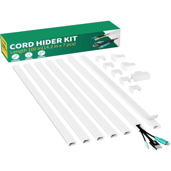 Cord Hider, 100in Self-Adhesive Cord Cover Kit for Wall Mounted TV, Paintable Wire Hider, Flexible Cable Management System, Cable Raceway Conceals 2-3 Wires, W0.95 H0.55in, White