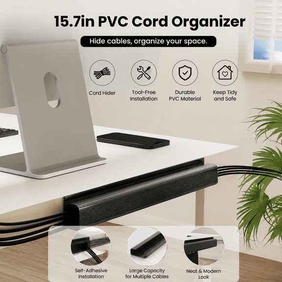 Cord Hider, 15.7in PVC Cord Organizer, LazySpin Cable Management Wall, Under Desk Cable Trays, and Self-Adhesive Raceways for Desk, Cable Hider 1PC
