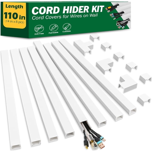 Cord Hider Kit, 110in Cord Covers for Wires on Wall, Paintable Wire Covers for Cords on Wall, Self-Adhesive Cable Hider Cord Organizer, Wire Hiders, 8X L14in X W0.96in x H0.57in