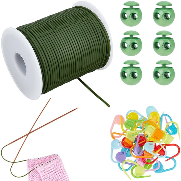 Cord Lock Kit 30Pcs Crochet Stitch Marker 50M/54.68 Yards Hollow Pipe Rubber Cord 6Pcs Plastic Double Hole Knitting Needle Point Protectors Green Crochet Markers
