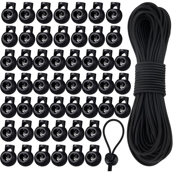 Cord Locks and Elastic Bungee Cord Set, 50 Pack Single Hole Round Spring Toggles with 66ft 1/8" Shock Cord, Black Round Style