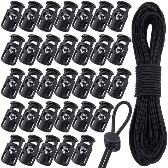 Cord Locks and Elastic Bungee Cord Set, 50 Pack Single Hole Spring Toggles with 66ft 1/8" Shock Cord, Black Classic Style