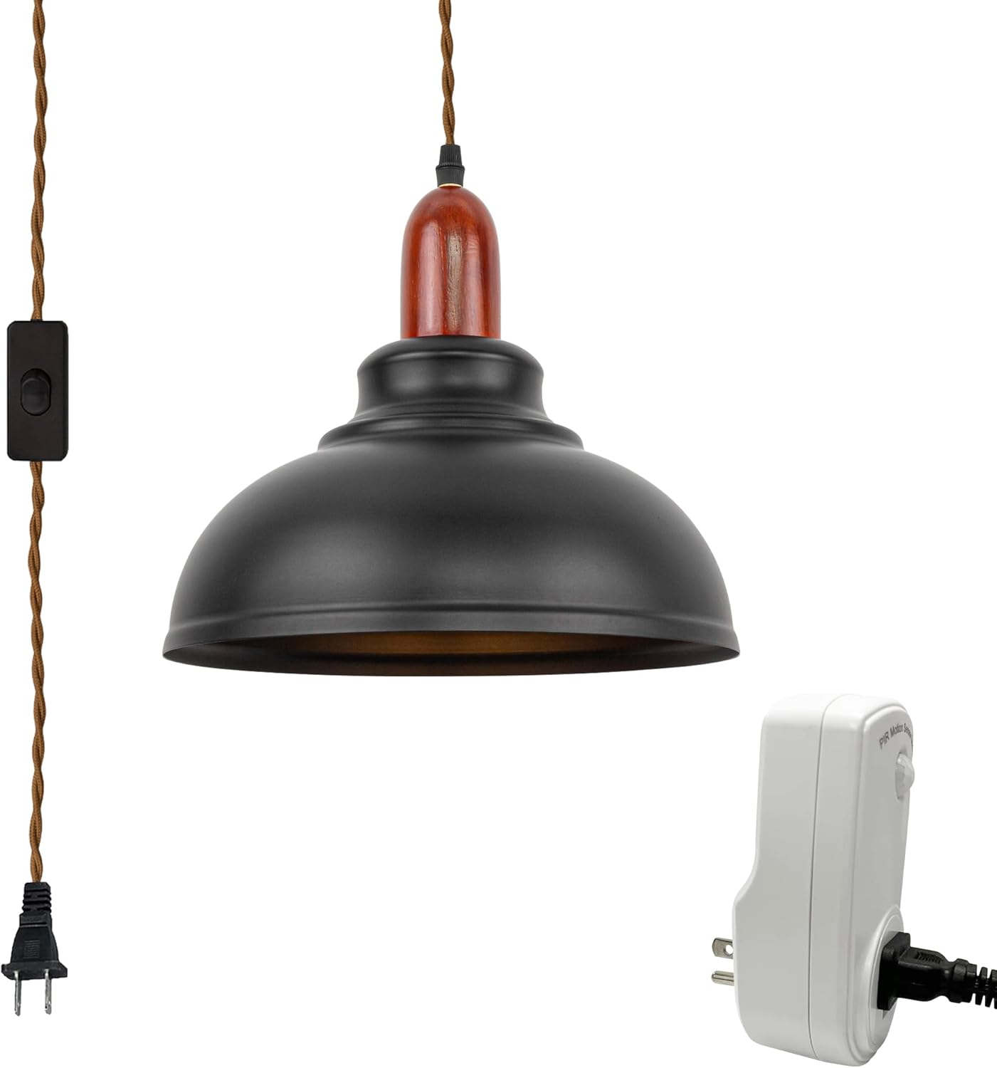 Cord Motion Sensor Light Industrial Black Domed Shape Iron Shade, Wooden E26 Socket for Sloped