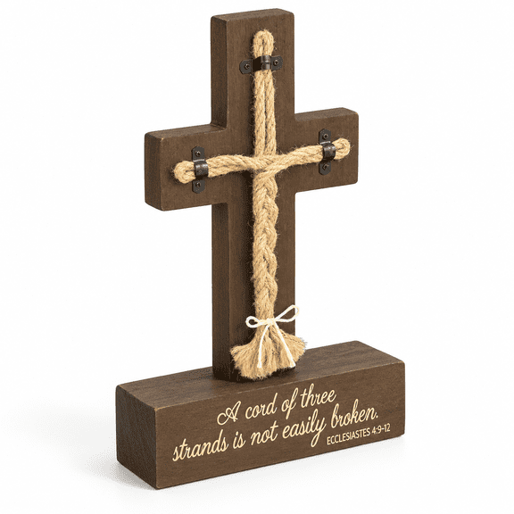 Cord Of Three Strands Wedding Sign, Engraved Wooden Cross Unity Ceremony Sign with Jute Cords, Brown