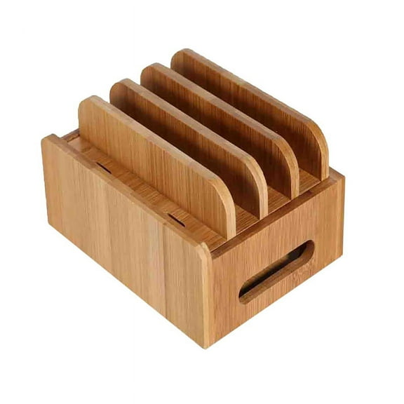 Cord Organizer, 4 Slots Bamboo Stand Multi-device Desktop Cords Organizer Dock Charging Station Holder with Built-in Insert Slots