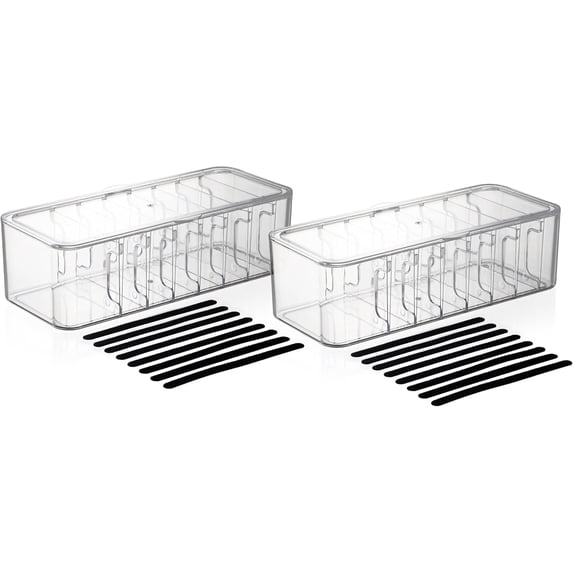 Cord Organizer Box 2 Pack – Clear Cable Organizer with Adjustable Dividers, Fits Up to 10ft Cables, Cord Storage Organizer for Chargers & Tech Accessories – Includes 16 Velcro Ties