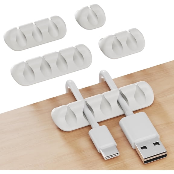 Cord Organizer for Desk, Cable Holder for Nightstand, Charger Organizer, Adhesive Desktop Wire Clips, Multislot Cable Management, Table Organizer Accessories - 5 Pack, 15 Slots, White