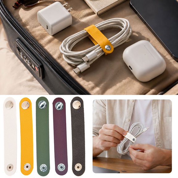 Cord Organizer Wrap, Snap Button Cable Strap for USB Charging Power Cords, Reusable Cord Keeper Tie Supply for Travel Tech Bags, Cable Management Wrap Ties for Office Desk Drawer Use (5 Pcs)