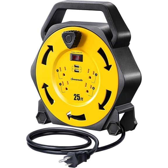 Cord Reel with 4 Power Outlets, 2-USB Ports(3.4A Fast Charge), 25FT Retractable Extension Cord Reel, Heavy Duty SJTW 16/3 Cable, 13A Circuit Breaker, Hand Wind, UL Listed