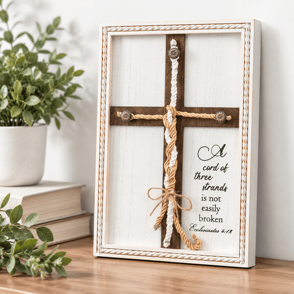 Cord of Three Strands Wedding Unity Cross Sign, 10x15 Inch, Handcrafted Wood Ceremony Decor