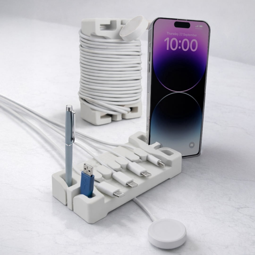 DeskBrick Silicone + Steel-Weighted Cord Holder for Desk. Weighted Cord Organizer & Cable Management for Desktop. Useful Phone Accessory & Cable Holder for Office, Home. No Adhesive. Light Gray