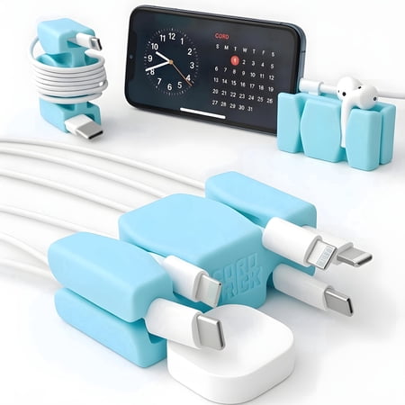 CordBrick 4PK Silicone + Steel Weighted Cord Holders for Nighstand, Cable Wraps for Travel, iPhone Accessories, Small Graduation Gifts for College Students, Guys, Men. Aqua