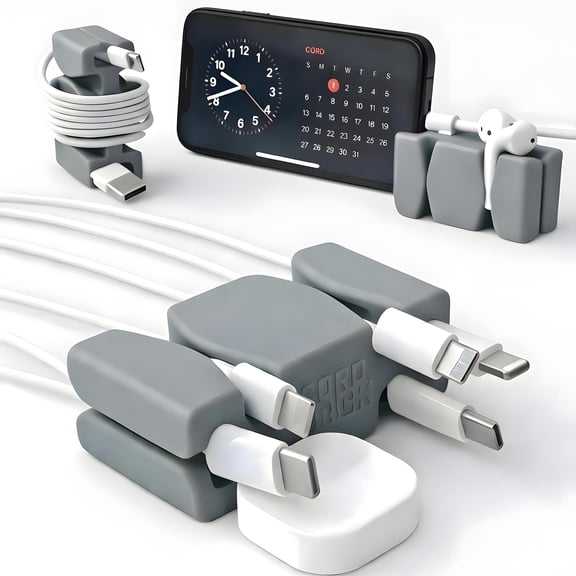 CordBrick Steel Weighted Cord Holder, Cord Wrap, Phone Accessory, Stocking Stuffer for Men, Adults, College Students. Nightstand, Desk Travel Organizer. Silicone. 2pk Gray