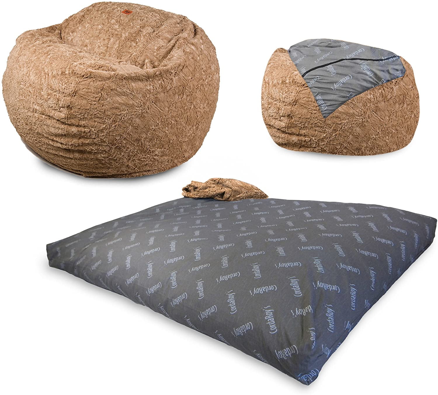 Tan Faux Fur Full Size Convertible Bean Bag Chair with Removable Cover
