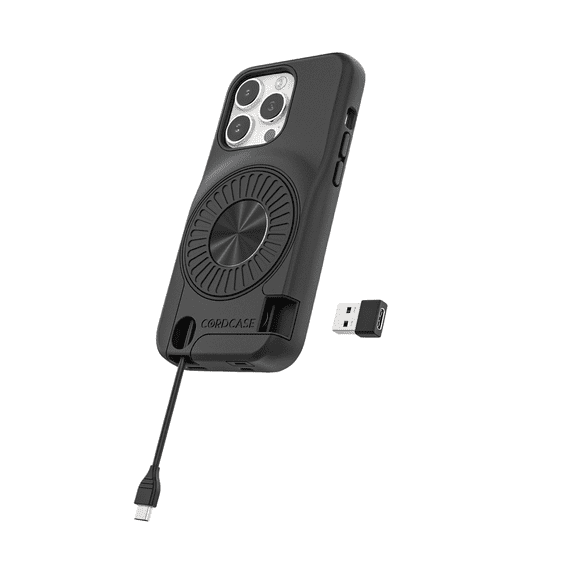 Cordcase - Premium Silicone Cell Phone Case with Built-In 3Ft Long Charging Cord!  USB Adapter and Lightning Port for iPhone 14Pro, 13Pro, 13, Black, Magnetic Mounting
