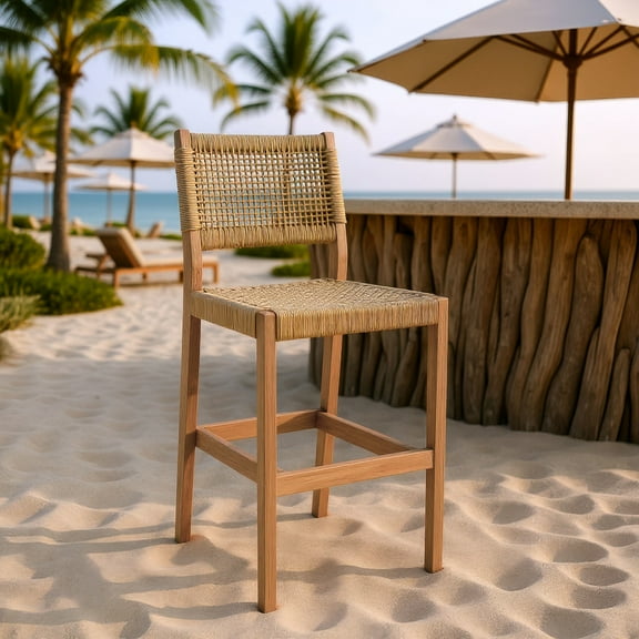 Corde Barstool Beige Barstool, Modern Style, Weather resistant solid acacia wood frame with synthetic rattan weave, Solid Acacia Wood, Outdoor Bar