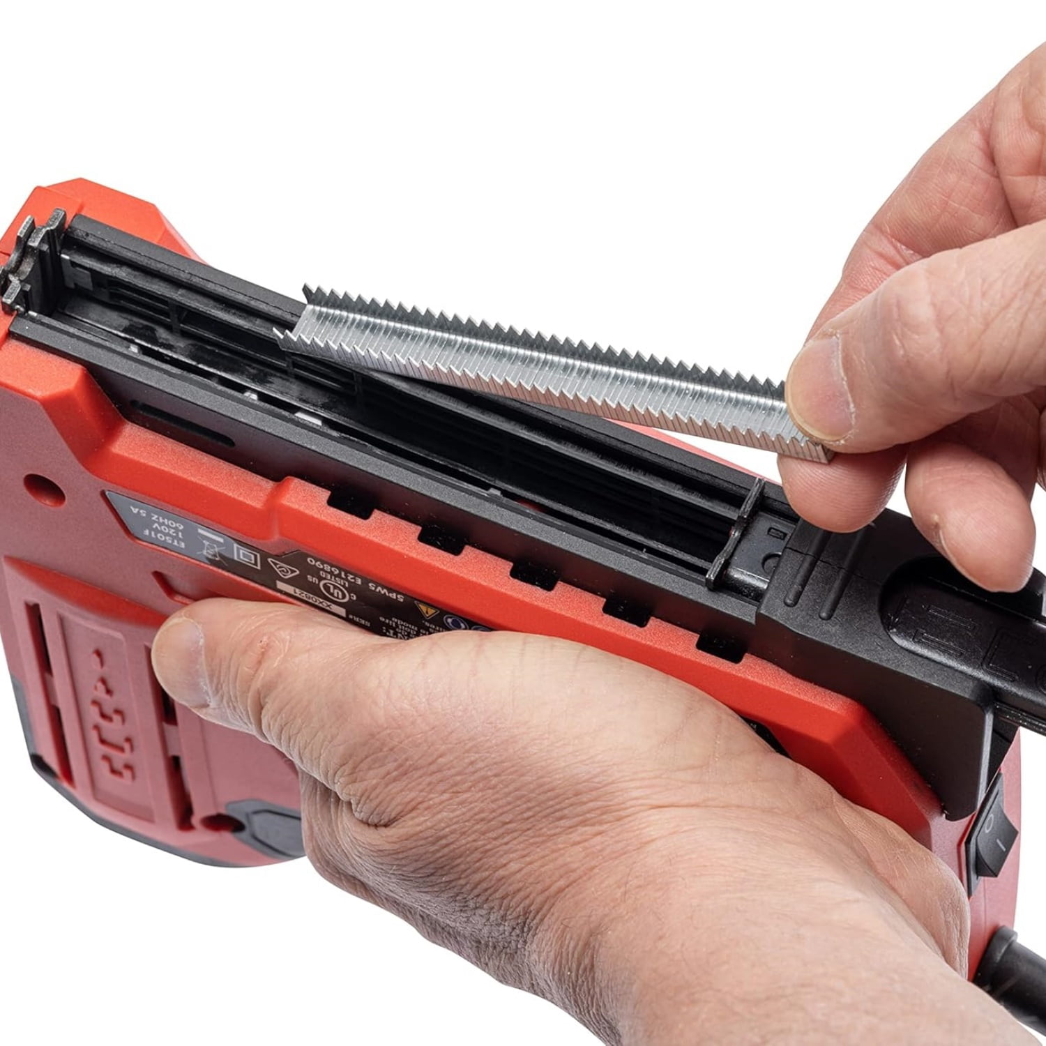 Corded 5-in-1 Professional Electric Staple and Nail Gun, Wire Stapler, and Brad Nailer for Upholstery, Framing, Insulation, Crafts, Fencing, and Cable, Black/Red