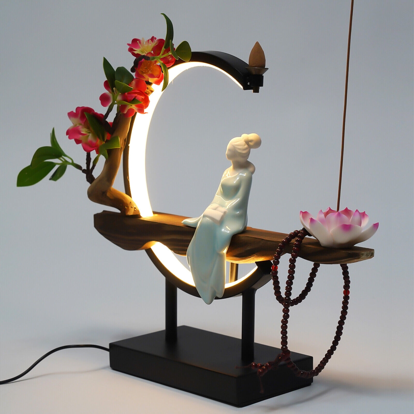 Corded Electric LED Cone Backflow Incense Burner Holder Smoke Fountain Waterfall Home Decor
