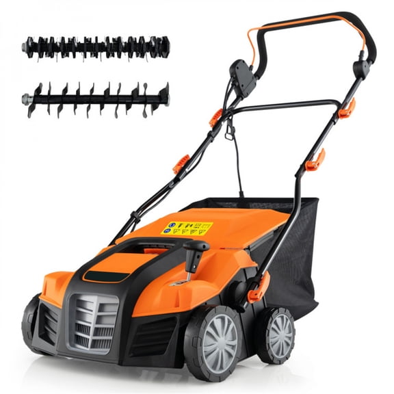 Corded Electric Lawn Dethatcher and Scarifier, 16-Inch Width, 15 Amp, 14.5 Gal Grass Bag, Adjustable Handle, Foldable, Orange & Black