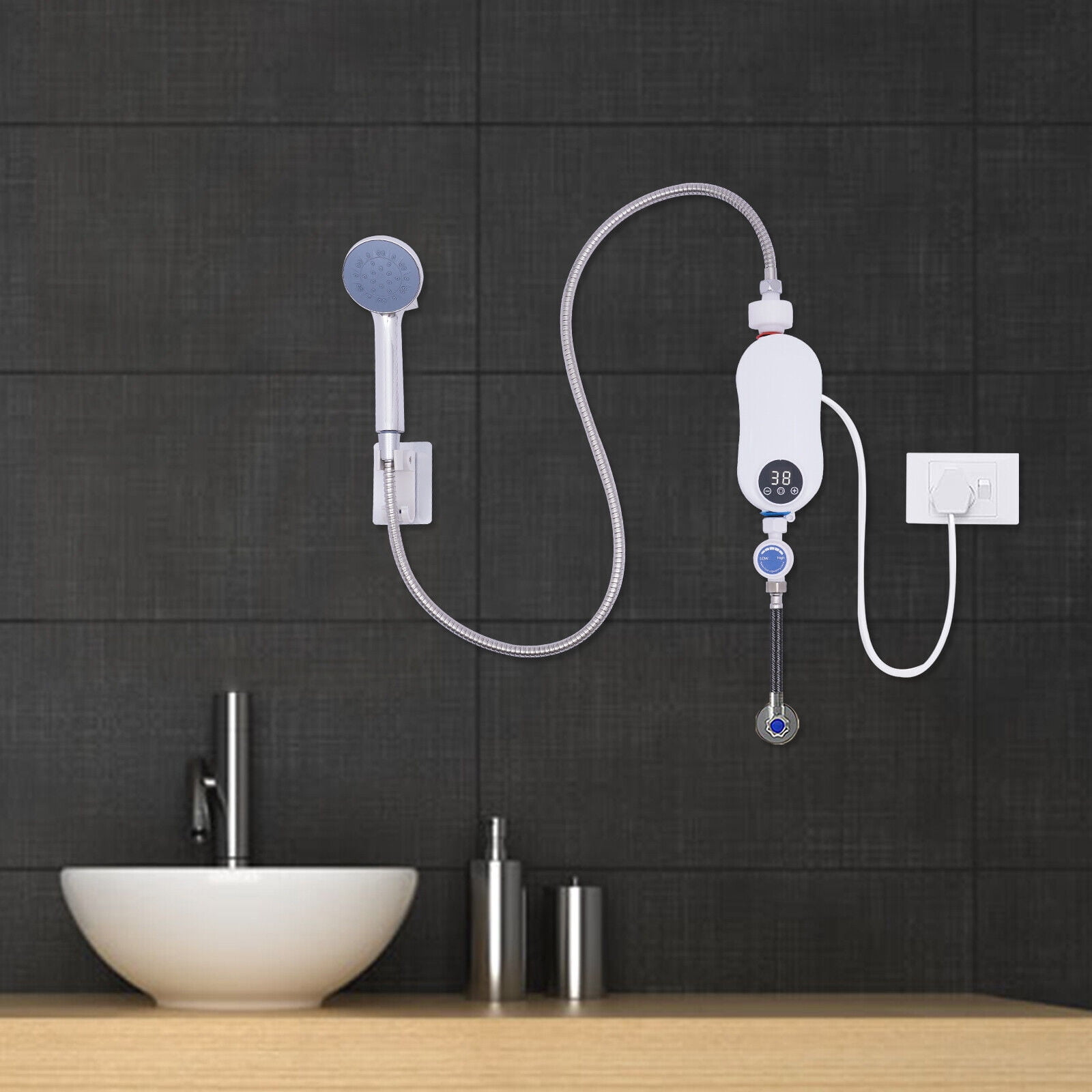 Corded Mini Instant Wall-mounted White Electric Bathroom Hot Water Heater with Shower Head 110V 3500W