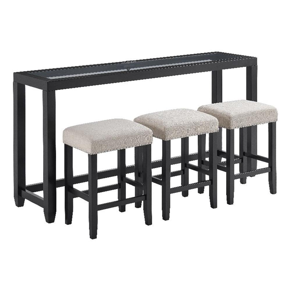 Cordero 72" Glass Top Black Console Bar Table and 3 Stools Set