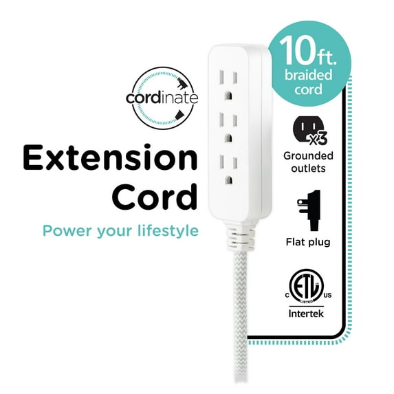 Cordinate 10ft. 3-Outlet Extension Cord, White/Gray – 39624