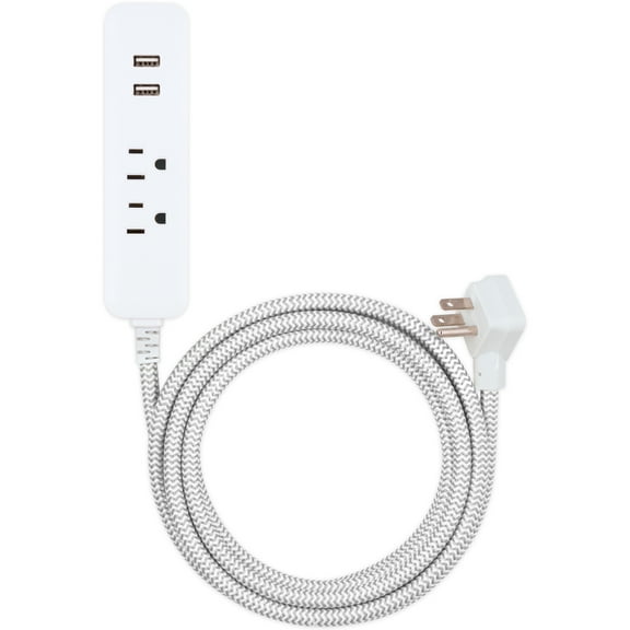 Cordinate 2-Outlet Grounded Extension Cord with USB, 10ft, Gray/White – 41691