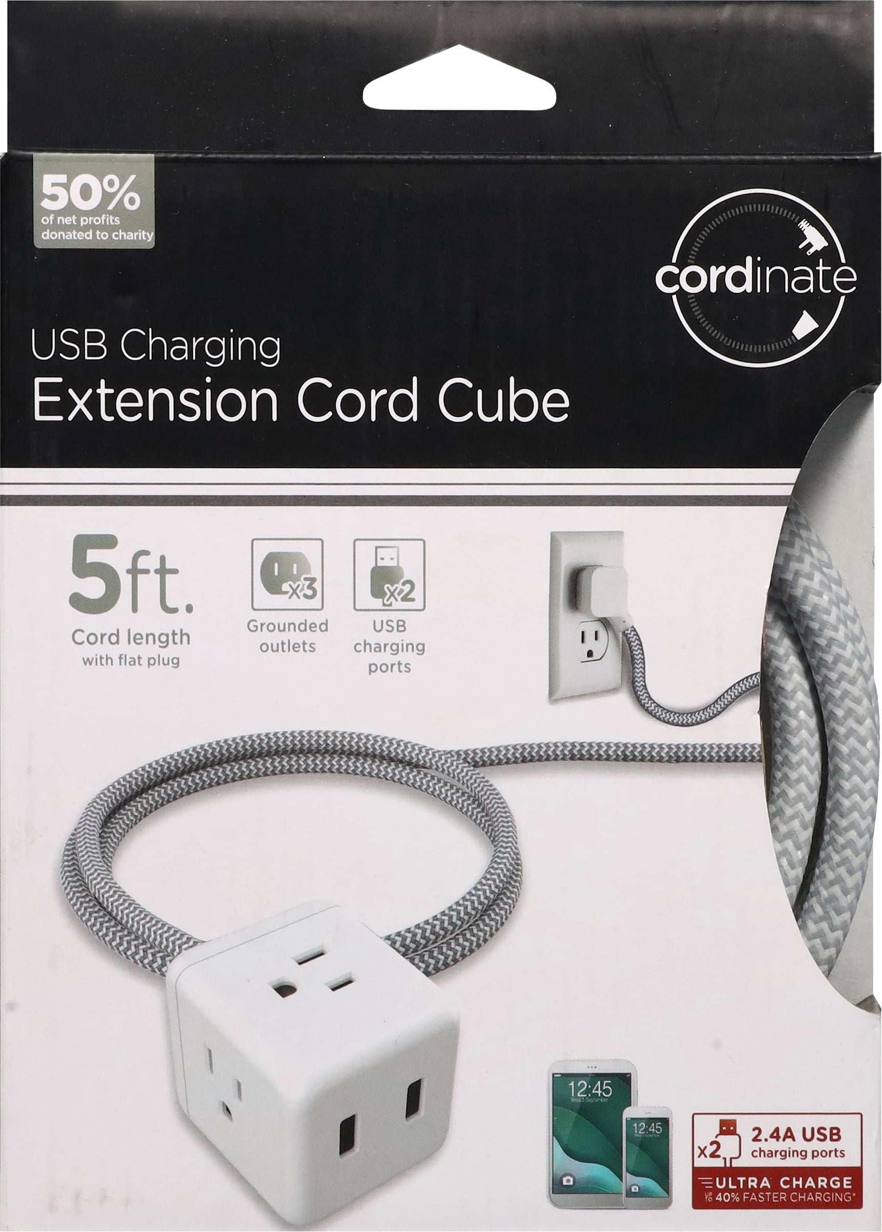 Cordinate 3 Outlet Cube Power Strip with 2 USB Ports, 2.4A, 5ft Braided Cord