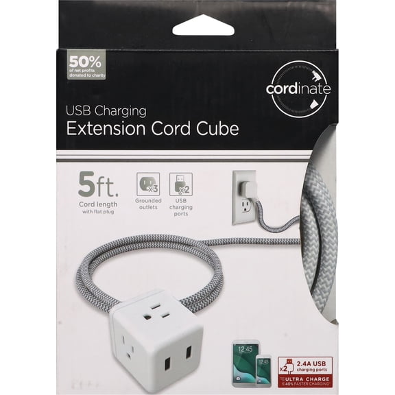 Cordinate 3 Outlet Cube Power Strip with 2 USB Ports, 2.4A, 5ft Braided Cord