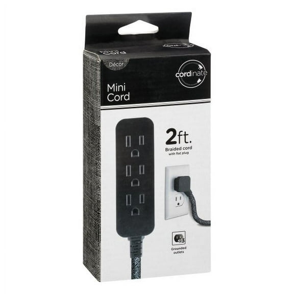 Cordinate Designer 3-Outlet Power Strip, 2 Ft Braided Extension Cord, Grounded Adapter, Low-Profile Flat Plug, UL Listed, Black/Dark Heather, 47298