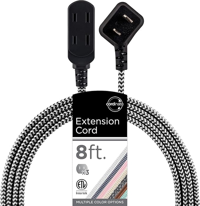 Cordinate Designer 3-Outlet Extension Cord, 2 Prong Power Strip, Extra Long 8 Ft Cable with Flat Plug, Braided Chevron Fabric Cord, Slide-to-Lock Safety Outlets, Black/White, 39984
