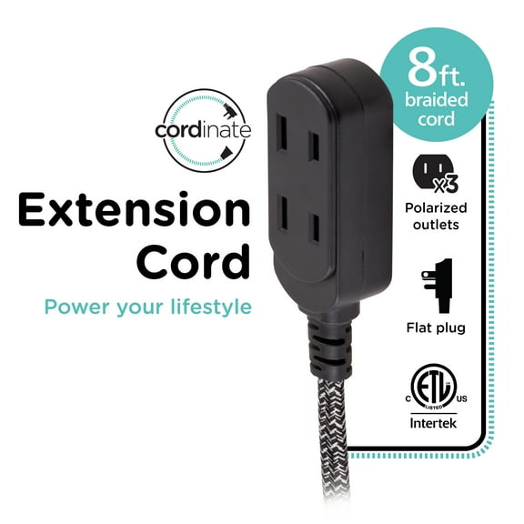 Cordinate Designer Extension Cord, 3-Outlet, Gray, 8 ft. Braided Cord, 15A - 42841