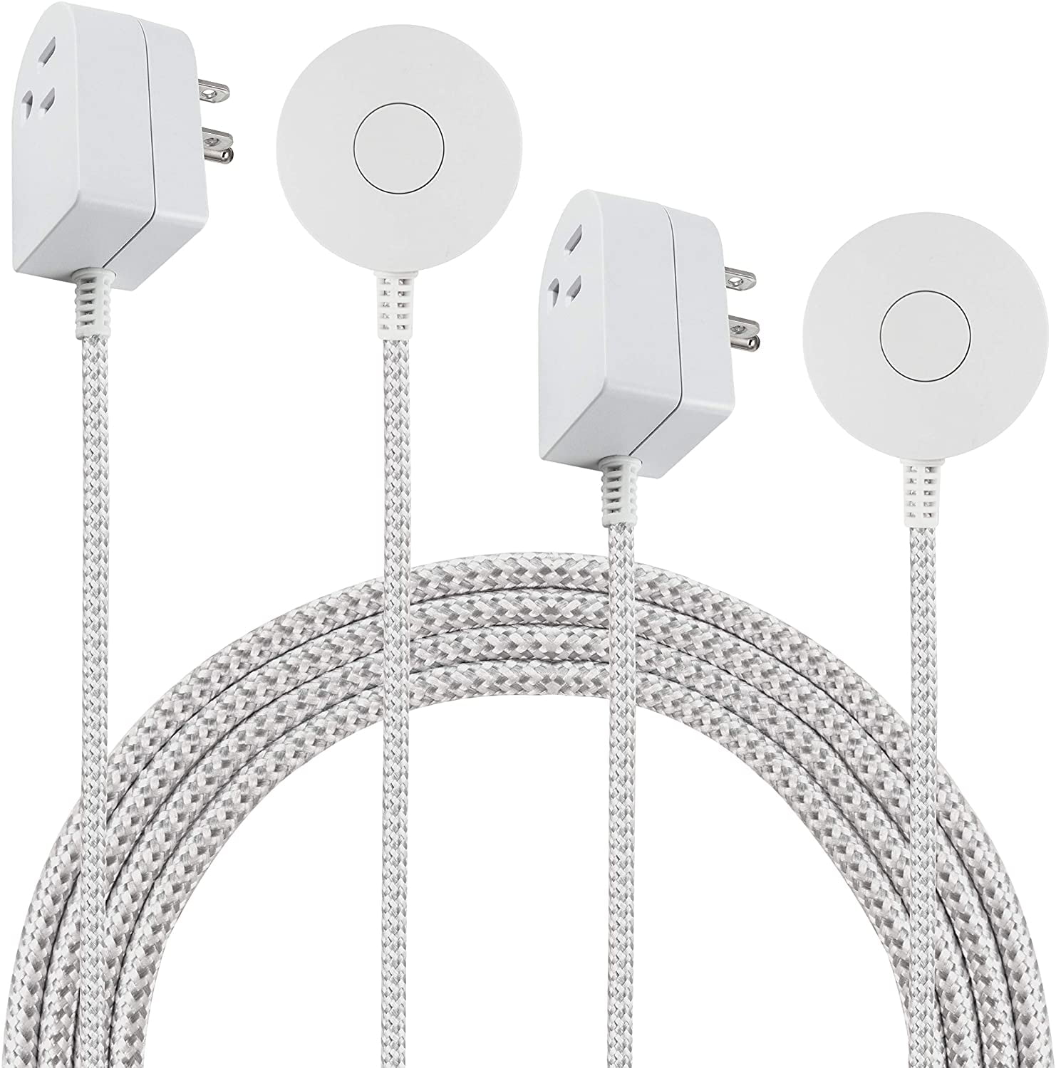 Cordinate Designer Switch Plug with Braided Cord, 2 Pack, 6 Ft. Long Power Cable, 3 Prong, Slip Resistant Base, White/Gray, 50033