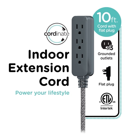 Cordinate 10ft Extension Cord with 3 Grounded Outlets, Designer Future Grey