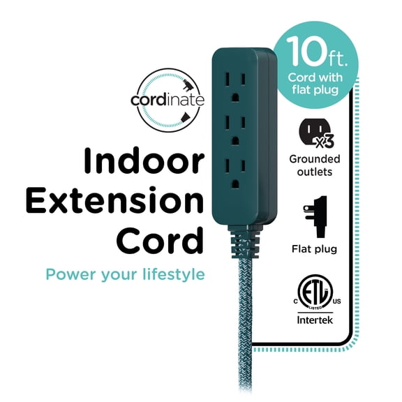 Cordinate Extension Cord, 3 Grounded Outlet, 10ft Braided Cord, Transformative Teal