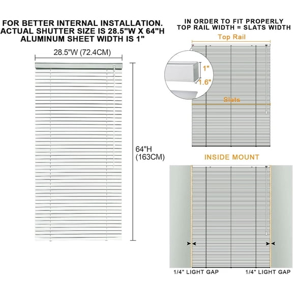 Cordless 1" Mini Blinds Suitable for 29" W x 64" H Windows Darkening Waterproof Aluminum Heat Resistant Horizontal Window Blinds & Shades Hidden Install for Bedroom, Kitchen, Bathroom