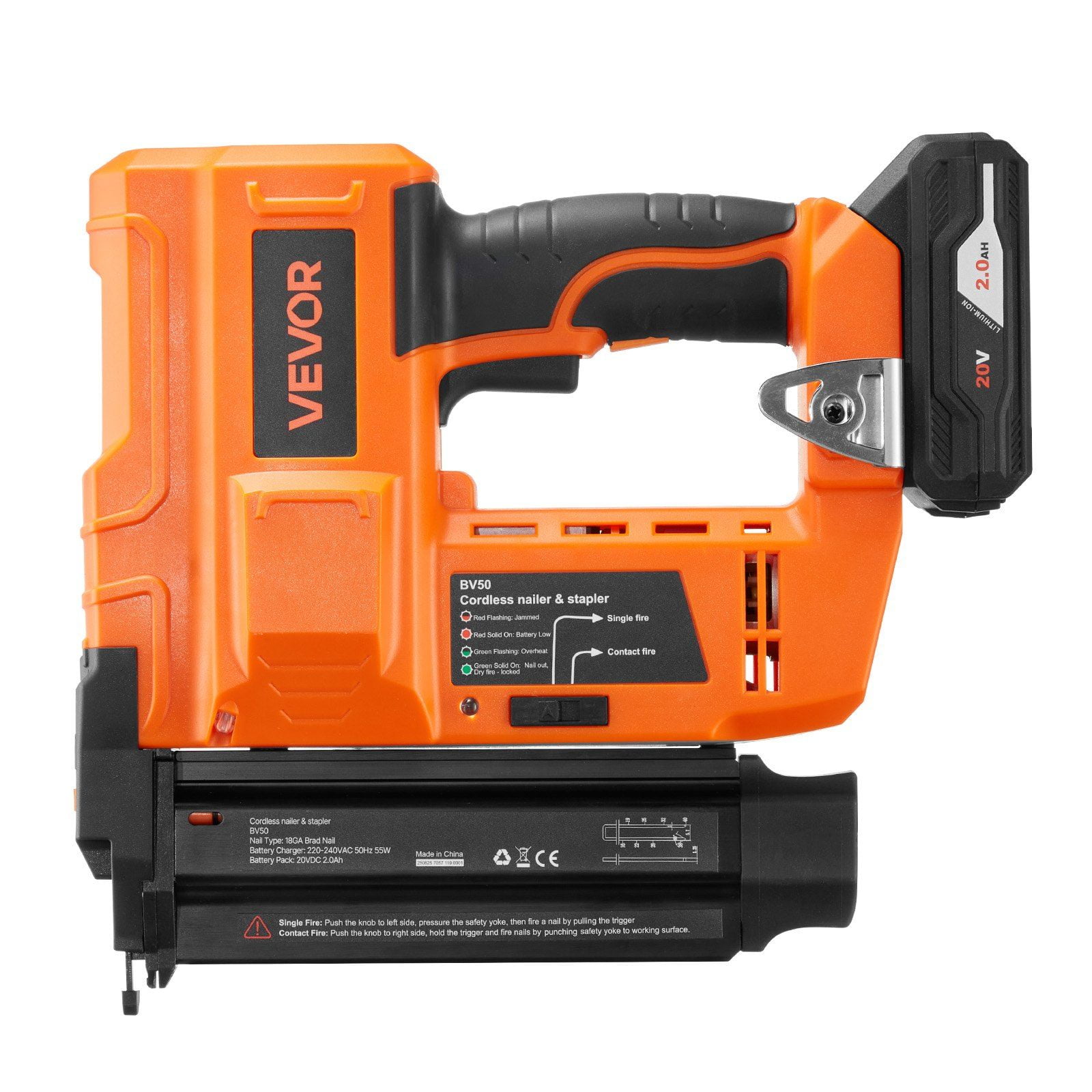 Cordless 18 Gauge 20V Brad Nailer Gun with 500 Nails 2.0Ah Li-ion Battery Charger Adjustable Depth for Home Woodworking DIY