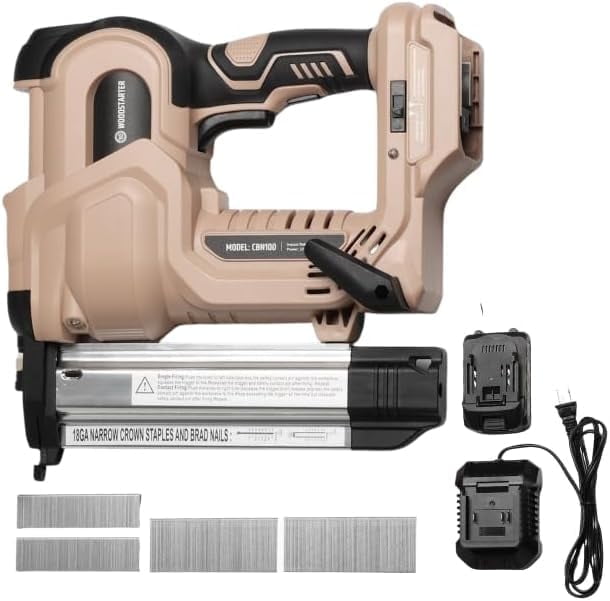 WOODSTARTER Cordless 2-in-1 Brad Nailer (Battery&Charger), 2 inches 18GA, 400 Nails, Depth Adjustment, 2 firing Modes, LED Lights