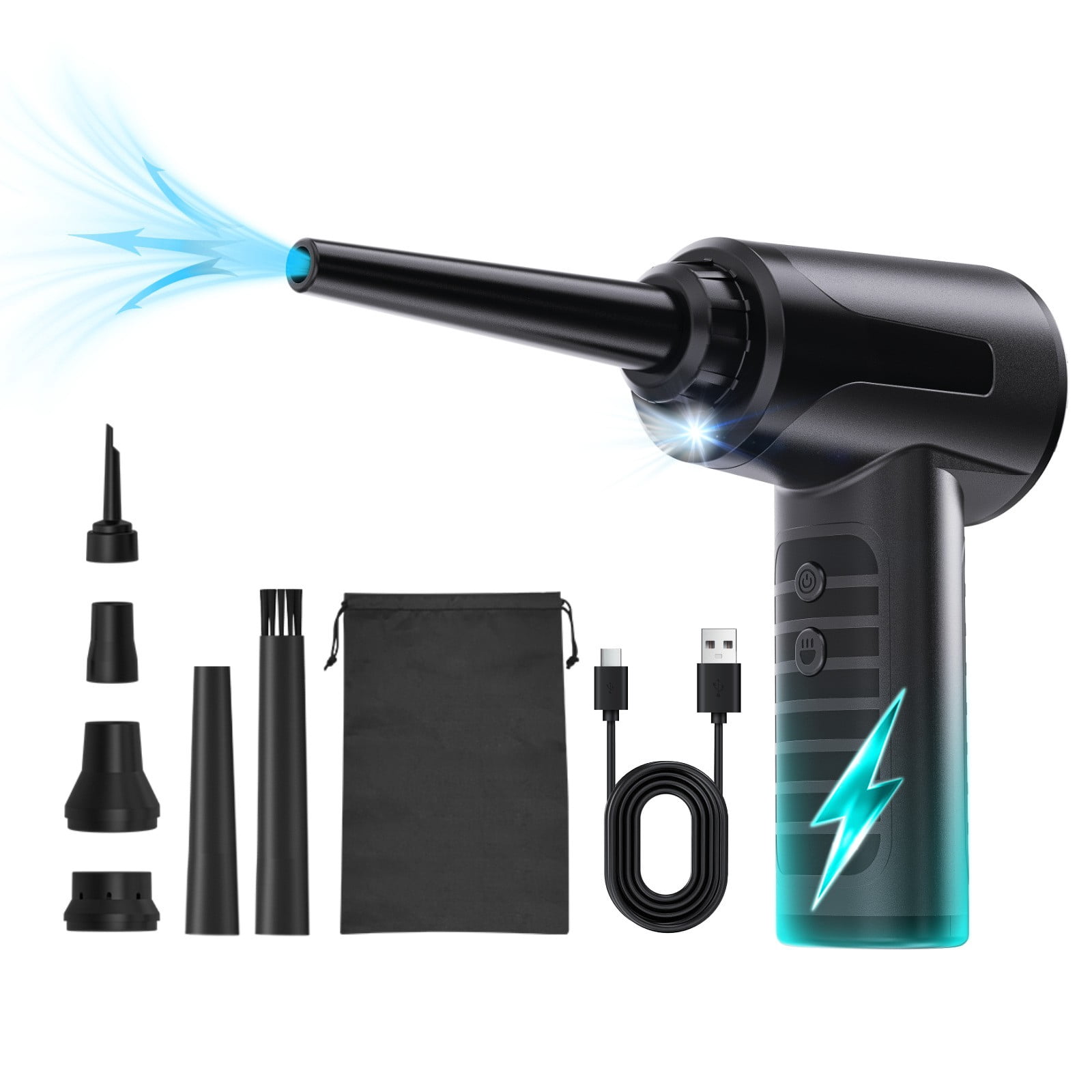 Cordless 3-Speed Electric Air Duster with LED Light, Multi-Nozzles for PC, Car, Home & Outdoor Cleaning (Black)