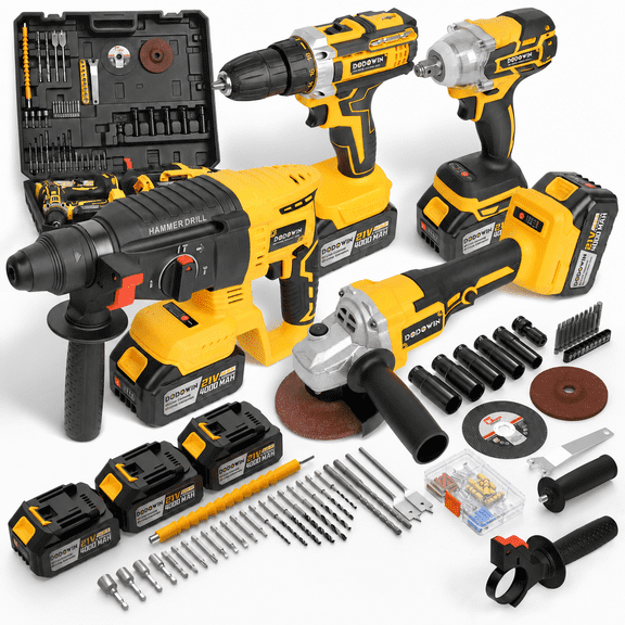 Cordless 4Power Tool Kit with Drill, Impact Wrench, Hammer Drill, and Angle Grinder, 3 Batteries and Charger, Remodeling and Surface Prep Set
