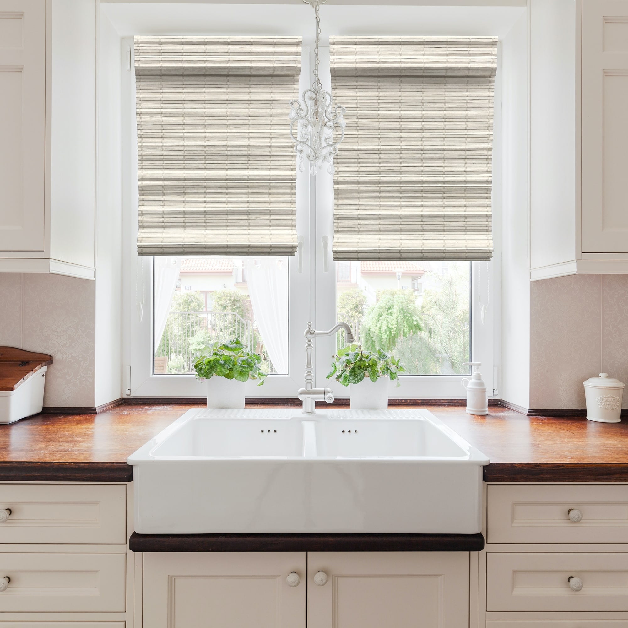 Cordless 64-in Long Distressed White Brooklyn Flatstick Bamboo Roman Shade 30 - 39 Inches 34 in. W x 64 in. L