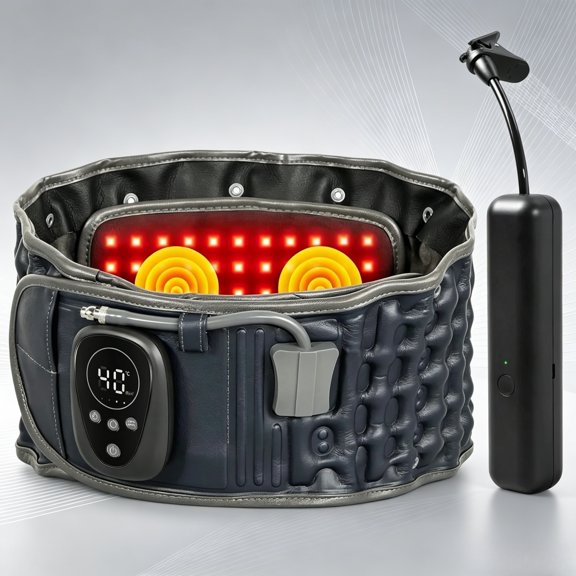 Cordless Air Inflation Back Belt with Heat and Massage, and Red Light | Rechargeable Lumbar Support for Lower Back Comfort