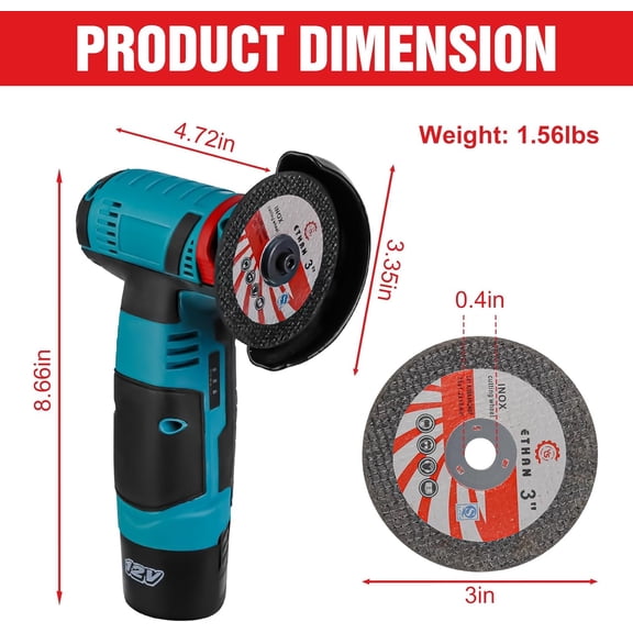 Cordless Angle Grinder, 19000RPM 12V Mini Angle Grinder Tool with 2Pcs 1100mAh Batteries and 7-Cutting Discs, Handheld Cutter for Metal Wood Grinding