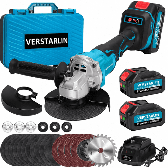 Cordless Angle Grinder 5", 21V Brushless Grinder Tool Kit with 2 x 4.0Ah Battery, 8000RPM Power Amoladora Inalambrica with 15pcs Cutting Discs for Metal Cutting, Grinding, Polishing