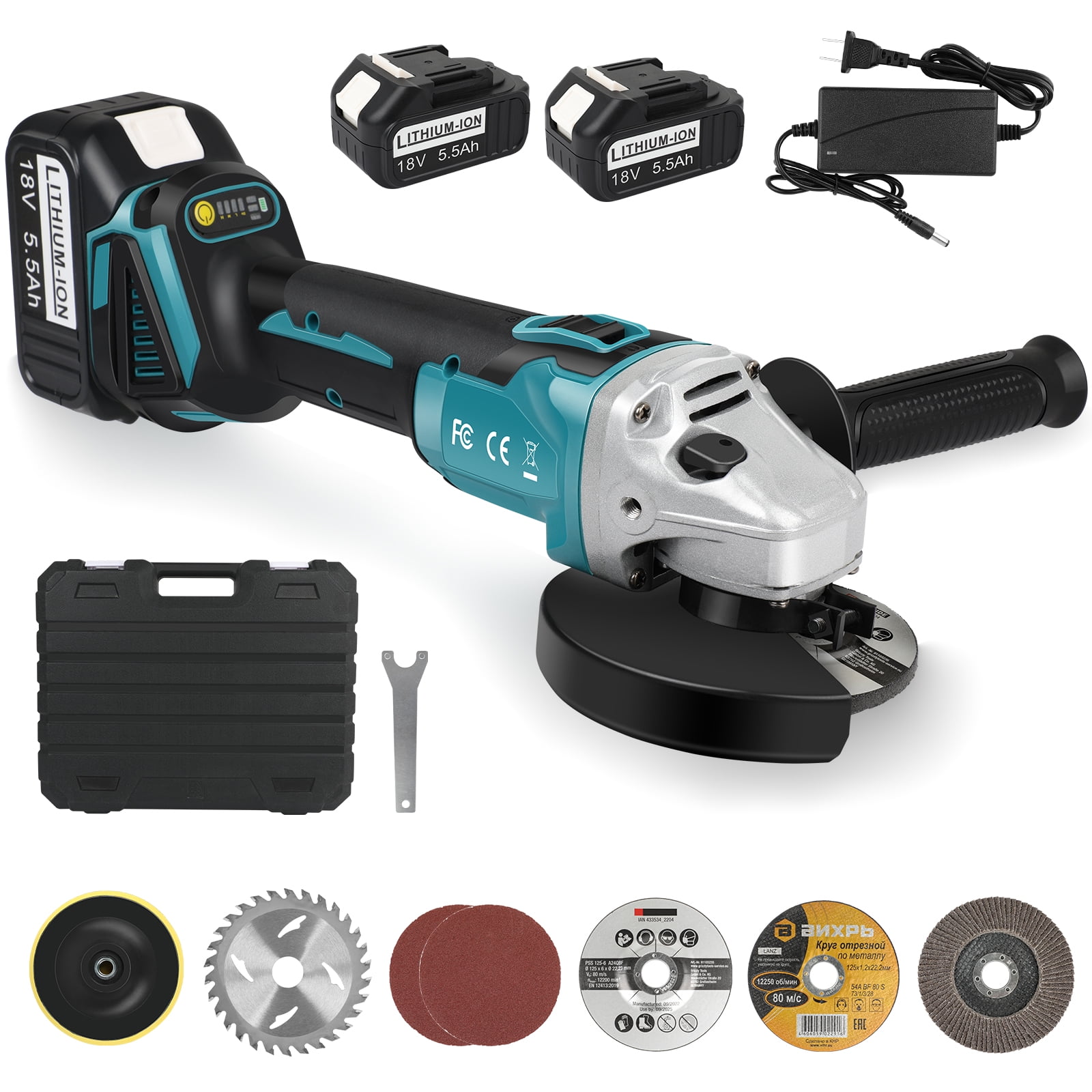 Cordless Brushless Angle Grinder with 2Pcs 5.5Ah Lithium-Ion Battery ...