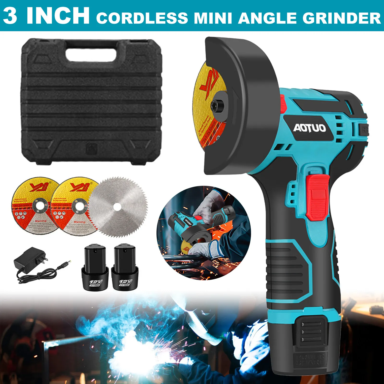 MYJTOPUS Cordless Angle Grinder Kit, 13500rpm Mini Electric Angle Grinding Tool with 2pcs 12V 1500mAh Batteries and 3-Cutting Discs for Metal Wood