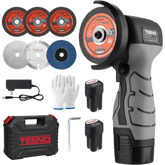 Cordless Angle Grinder Kit, 19,500 RPM Mini Handheld Grinder Tool with 2x 16.8V 2000mAh Batteries & 6 Discs, 3-Inch Cut-Off Grinder for Metal, Wood Cutting, Grey