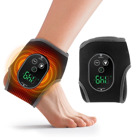 Cordless Ankle Massager Ankle Heating Pad, Portable Vibrating Heated Feet Massagers for Circulation, Adjustable Timer, 4 Heat Levels, 3 Vibration Modes, Black