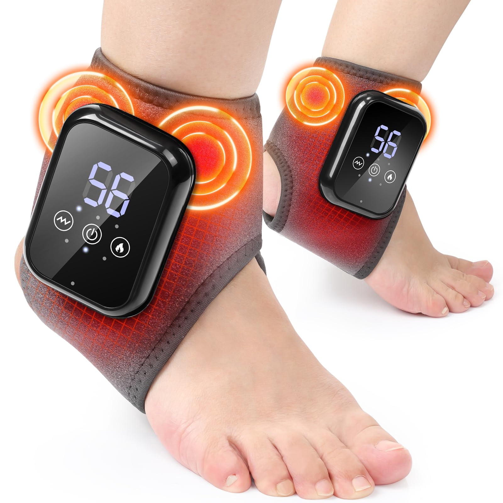 Cordless Ankle Massager with Heat, Rechargeable Ankle Heating Pad, 2000mAh Heated Foot Brace Wrap, Foot Heating Pad for Home Office Travel, 2pcs
